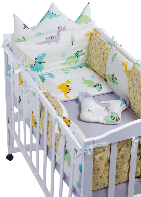 Детская постель Babyroom Classic Bortiki-01 (6 элементов)  белый-серый-горчичный (динозавры)