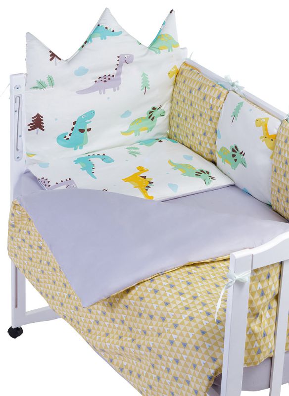 Детская постель Babyroom Classic Bortiki-01 (6 элементов)  белый-серый-горчичный (динозавры)