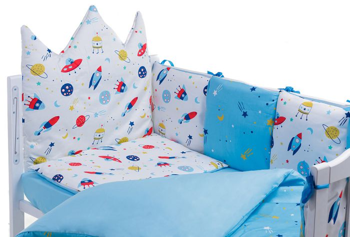 Детская постель Babyroom Classic Bortiki-01 (6 элементов)  голубой-белый (космос)