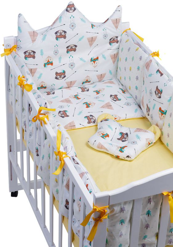 Детская постель Babyroom Classic Bortiki-01 (6 элементов)  желтый-белый (лиса, енот)