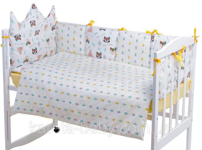 Детская постель Babyroom Classic Bortiki-01 (6 элементов)  желтый-белый (лиса, енот)