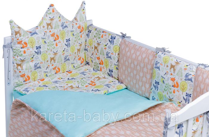 Детская постель Babyroom Classic Bortiki-01 (6 элементов)  бирюза-бежевый-белый (лесные звери)