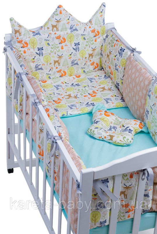 Детская постель Babyroom Classic Bortiki-01 (6 элементов)  бирюза-бежевый-белый (лесные звери)