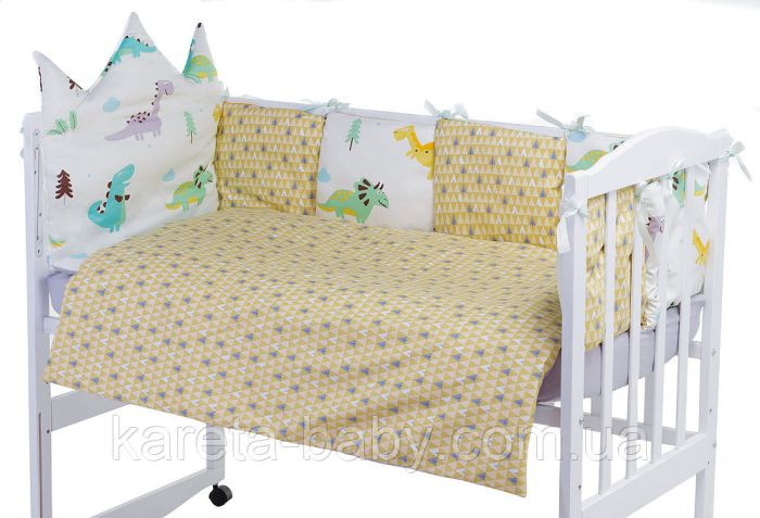 Детская постель Babyroom Classic Bortiki-01 (6 элементов)  белый-серый-горчичный (динозавры)