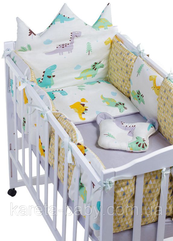 Детская постель Babyroom Classic Bortiki-01 (6 элементов)  белый-серый-горчичный (динозавры)