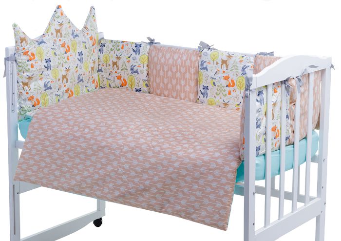 Детская постель Babyroom Classic Bortiki-01 (6 элементов)  бирюза-бежевый-белый (лесные звери)